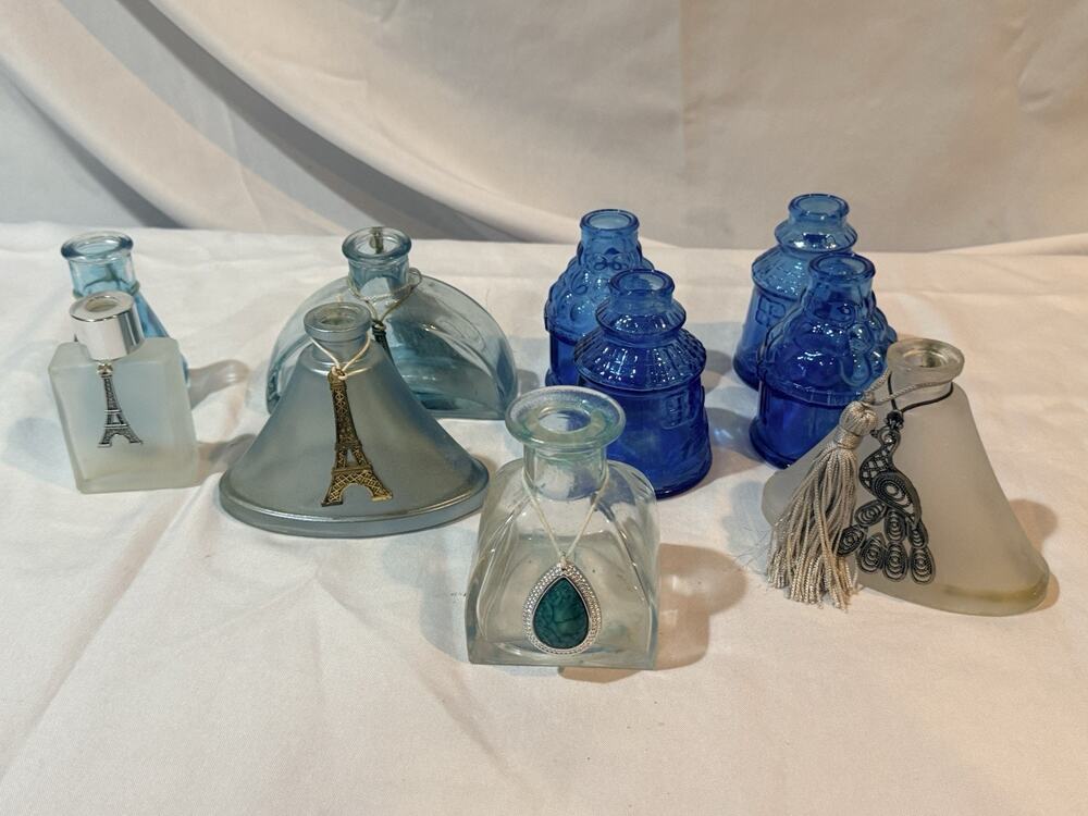Lot of 10 Decorative Glass Bottles Vases Cobalt Blue Wheaton NJ Eiffel Tower